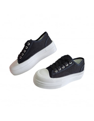 pantofi femei, pantofi dama, sneakers dama negri, snakers femei din textil, sneakers cu talpa inalta alba