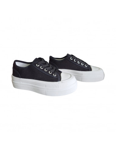 pantofi femei, pantofi dama, sneakers dama negri, snakers femei din textil, sneakers cu talpa inalta alba