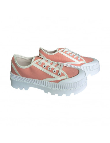pantofi femei, pantofi dama, sneakers dama roz cu alb, snakers femei din textil, sneakers cu talpa inalta alba striata