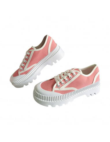 pantofi femei, pantofi dama, sneakers dama roz cu alb, snakers femei din textil, sneakers cu talpa inalta alba striata
