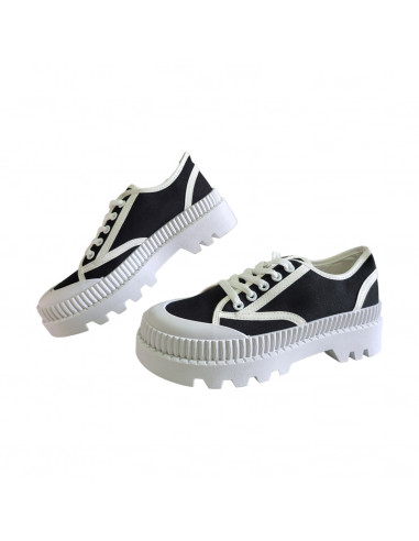 pantofi femei, pantofi dama, sneakers dama negru cu alb, snakers femei din textil, sneakers cu talpa inalta alba striata