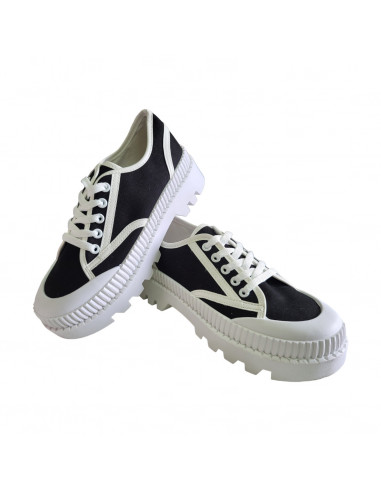 pantofi femei, pantofi dama, sneakers dama negru cu alb, snakers femei din textil, sneakers cu talpa inalta alba striata