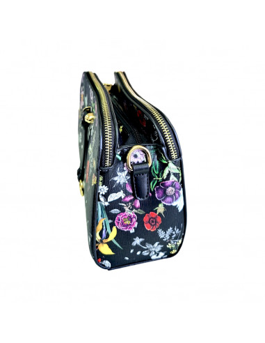 poseta femei, poseta dama, poseta cu model floral pentru femei, poseta neagra cu flori, poseta din piele ecologica pentru femei