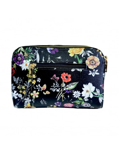 poseta femei, poseta dama, poseta cu model floral pentru femei, poseta neagra cu flori, poseta din piele ecologica pentru femei
