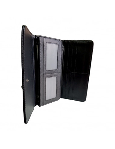Portofel pentru dama, piele eco, model matlasat, negru, cu ornament metalic