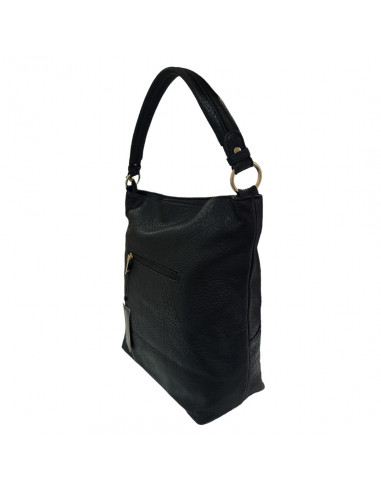 Poseta dama, piele ecologica, neagra, decor cu franjuri pe fermoar