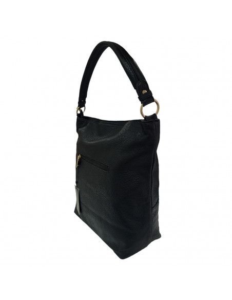 Poseta dama, piele ecologica, neagra, decor cu franjuri pe fermoar
