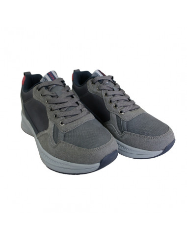 Pantofi sport pentru bărbaţi, gri închis cu roşu, piele ecologică şi textil