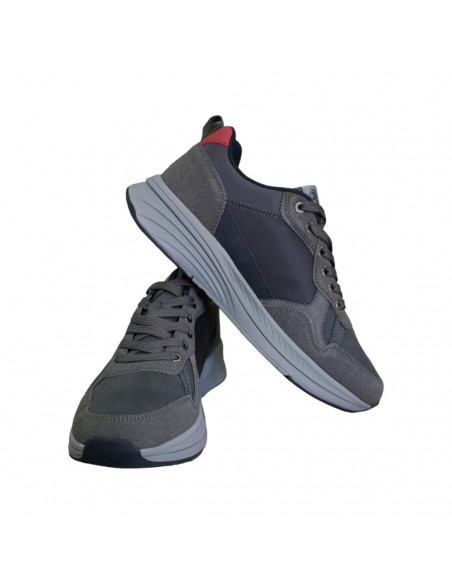 Pantofi sport pentru bărbaţi, gri închis cu roşu, piele ecologică şi textil