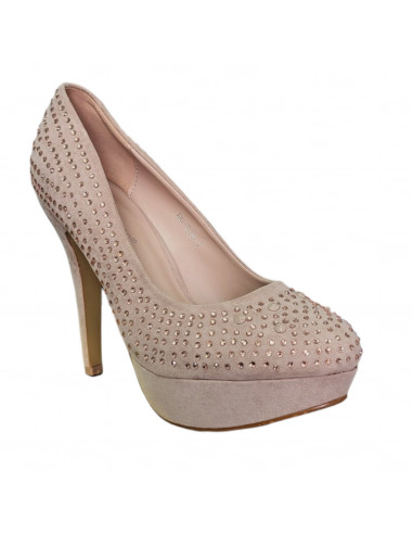 Pantofi cu toc inalt si platforma, imitatie velur, culoare roz pal/bej
