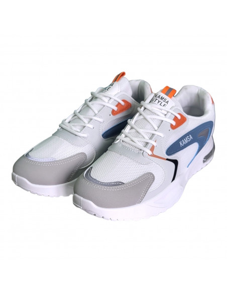 Pantofi sport pentru barbati, piele ecologica si textil, alb cu bleumarin
