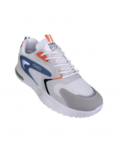 Pantofi sport pentru barbati, piele ecologica si textil, alb cu bleumarin
