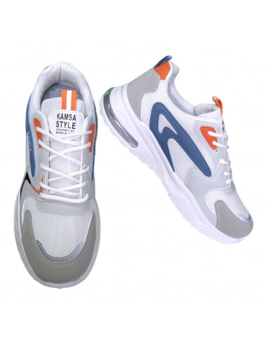 Pantofi sport pentru barbati, piele ecologica si textil, alb cu bleumarin