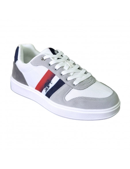 Pantofi sport pentru barbati, piele ecologica si textil, alb cu gri