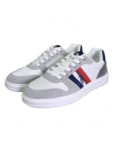 Pantofi sport pentru barbati, piele ecologica si textil, alb cu gri