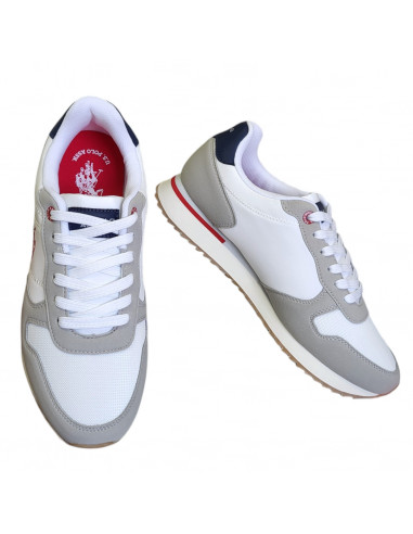Pantofi sport pentru barbati, piele ecologica si textil, alb cu gri deschis