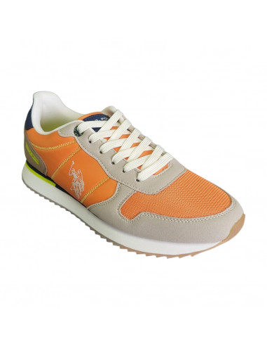 Pantofi sport pentru barbati, piele ecologica si textil, portocaliu cu gri deschis