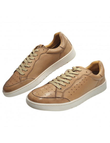 Sneakers din piele naturala, cu siret, maro deschis, pentru barbati
