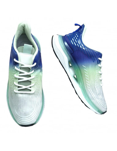 Pantofi sport pentru barbati, textil, alb cu albastru si galben, cu dungi