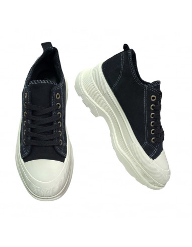 Pantofi casual din textil negru si talpa inalta, pentru femei