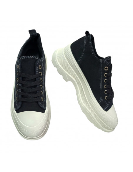 Pantofi casual din textil negru si talpa inalta, pentru femei