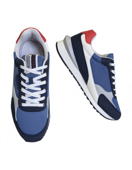 Pantofi sport Hanson pentru barbati, piele ecologica si textil, albastru cu alb