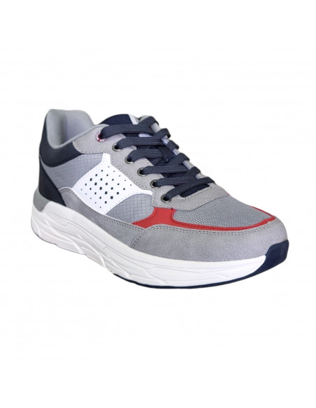 Pantofi sport Hanson pentru barbati, piele ecologica si textil, gri cu rosu
