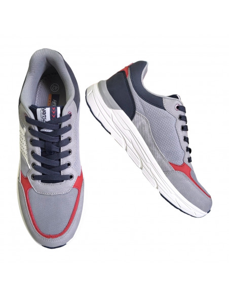 Pantofi sport Hanson pentru barbati, piele ecologica si textil, gri cu rosu