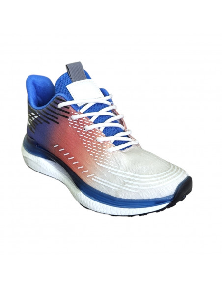 Pantofi sport din textil pentru barbati, alb cu bleumarin si portocaliu, cu dungi