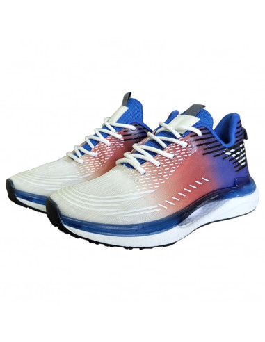 Pantofi sport din textil pentru barbati, alb cu bleumarin si portocaliu, cu dungi