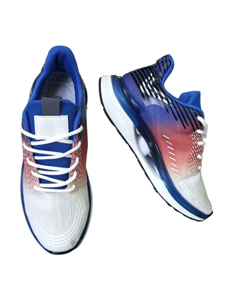 Pantofi sport din textil pentru barbati, alb cu bleumarin si portocaliu, cu dungi