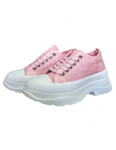 Pantofi casual din textil roz si talpa inalta, pentru femei