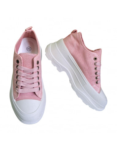 Pantofi casual din textil roz si talpa inalta, pentru femei