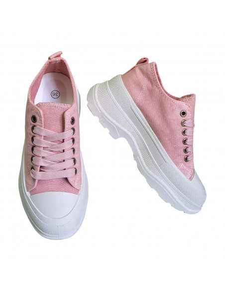Pantofi casual din textil roz si talpa inalta, pentru femei