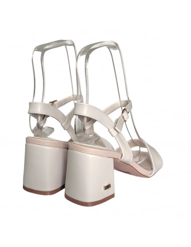 Sandale elegante pentru femei, piele eco, bej, cu toc gros