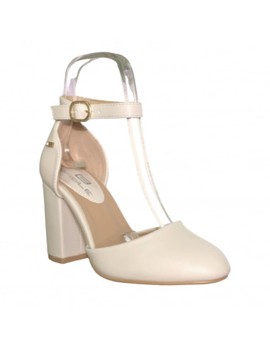 Pantofi eleganti pentru femei, piele ecologica, bej, cu toc gros