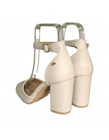 Pantofi eleganti pentru femei, piele ecologica, bej, cu toc gros