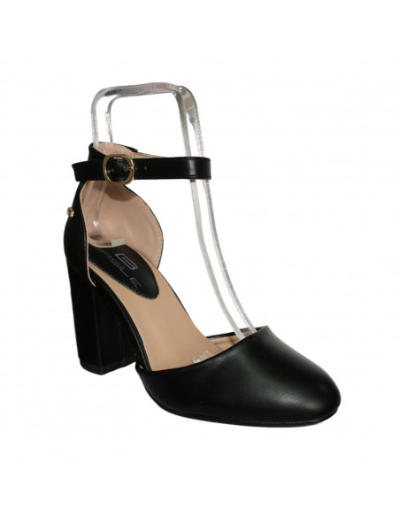 Pantofi eleganti pentru femei, piele ecologica, negri, cu toc gros