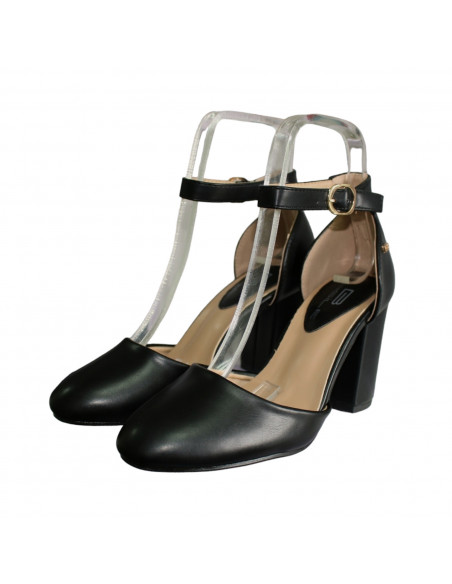 Pantofi eleganti pentru femei, piele ecologica, negri, cu toc gros