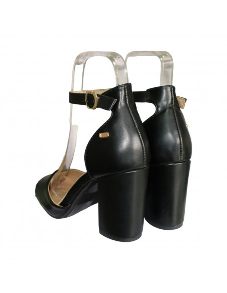 Pantofi eleganti pentru femei, piele ecologica, negri, cu toc gros