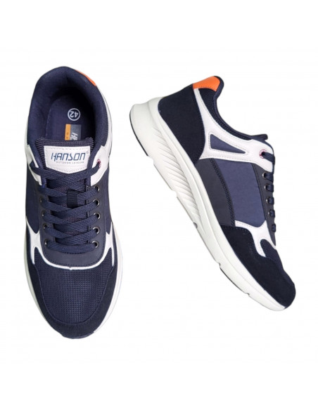 Pantofi sport Hanson pentru barbati, piele ecologica si textil, bleumarin cu alb