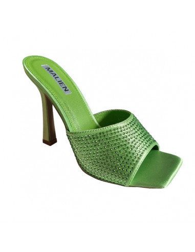 Saboti verde crud, cu toc, din textil, pentru femei
