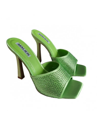 Saboti verde crud, cu toc, din textil, pentru femei