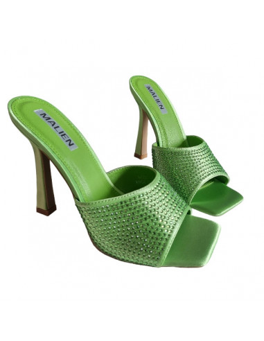 Saboti verde crud, cu toc, din textil, pentru femei