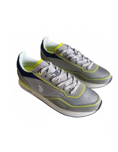 Pantofi sport pentru barbati, piele ecologica si textil, alb cu gri deschis