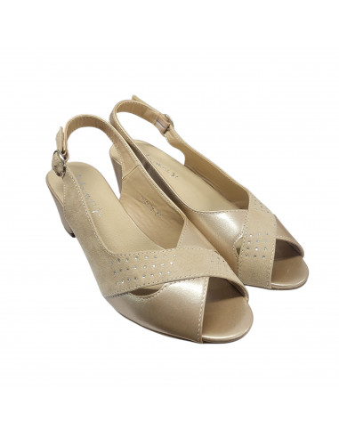 Sandale elegante pentru femei, piele eco, bej, cu toc gros