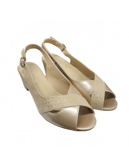 Sandale elegante pentru femei, piele eco, bej, cu toc gros
