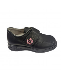 Pantofi copii, negri, detaliu decorativ în formă de floare roz