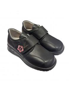 Pantofi copii, negri, detaliu decorativ în formă de floare roz 2