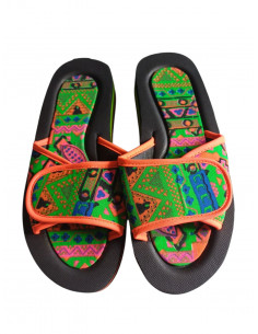 Slapi femei, din spuma si material textil, cu scai, imprimeu colorat, verde si portocaliu 2